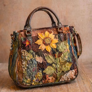 Puede incluir: Un bolso de mano de cuero marrón con un intrincado diseño de apliques de un gran girasol amarillo con hojas y tallos verdes. El bolso incluye dos asas de cuero marrón oscuro, herrajes metálicos y costuras decorativas en toda la superficie.