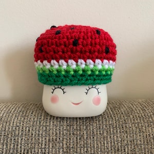 Crochet watermelon marshmallow mug hat
