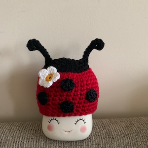 Crochet Ladybug Marshmallow Mug Hat, Fits 2.75” Mug