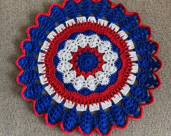 4th of July Crochet Doily – 12 Inch Patriotic Table Decor – Red White & Blue Doily