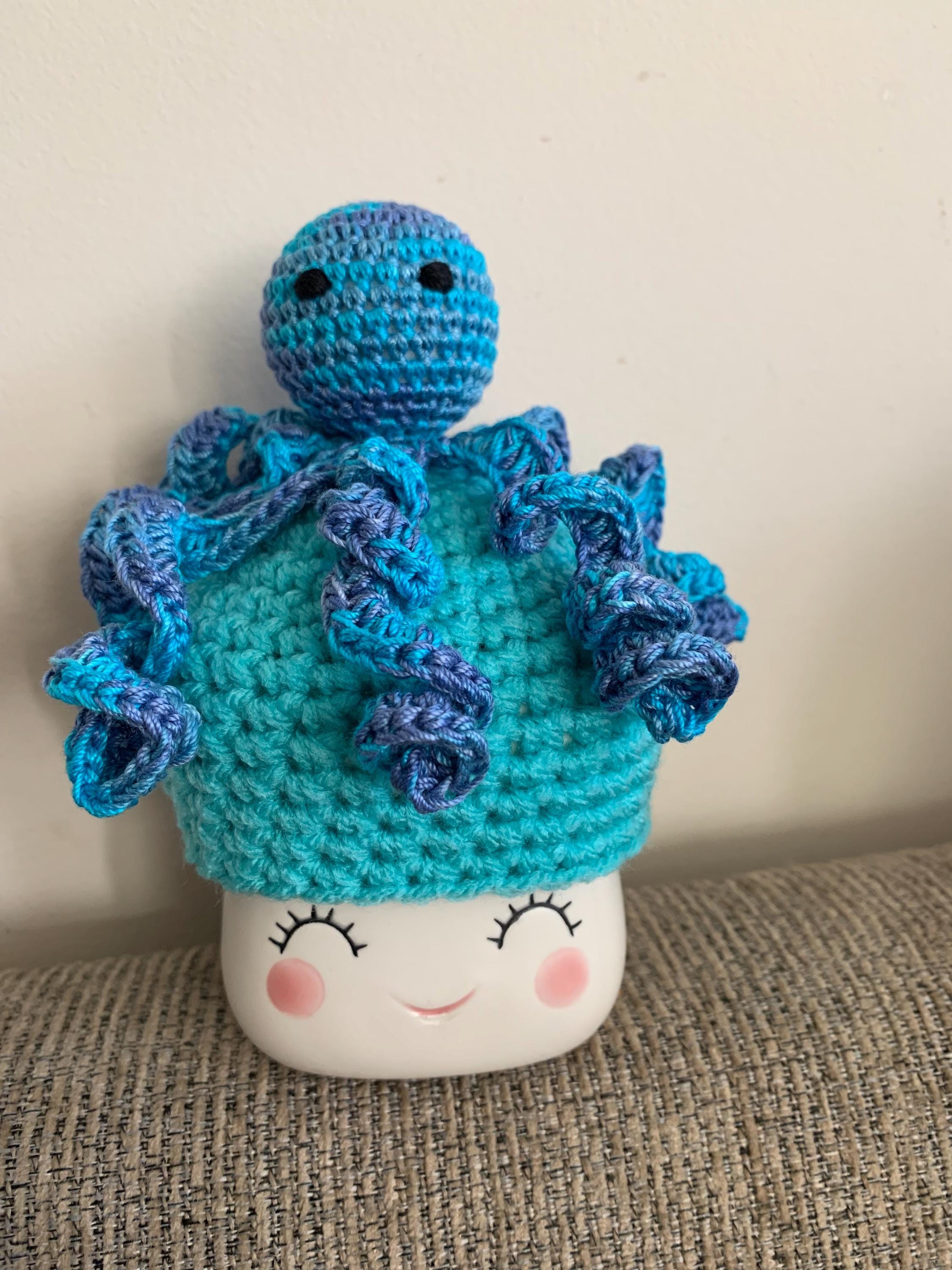 Handmade Crochet Adult Octopus Hat Ice Blue and White Octopus Hat in Teal and Tan Crocheted by Mumsie of Stratford  main image 2