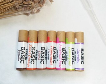 Organic, Lip Balm for sensitive skin in biodegradable cardboard tubes, set of three. Choose from 8 scents. Give an all natural gift!