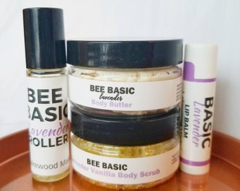 All natural, Scent Gift Set. Includes a Scrub, Body Butter, Lip Balm, and Scent Roller. Gift this luscious set today!