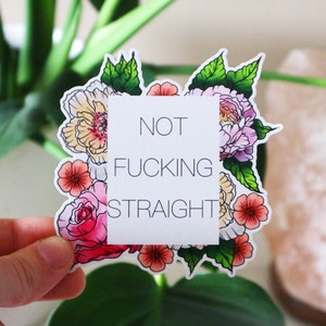 Not Fucking Straight/Cis Sticker, Feministische LGBT Weerbestendige Vinyl Sticker, Gay Queer & Trans Pride Laptop Sticker, Minimalistische Floral Pride