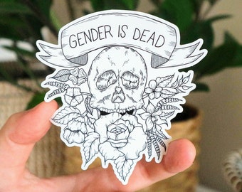 Transgender Pride Sticker, Gender is Dead Weather-Proof Die-Cut Vinyl Decal, LGBTQ Laptop Decor, Skull and Floral Bumper Sticker