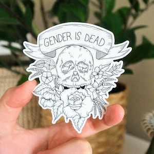 Transgender Pride Sticker, Gender is Dead Weather-Proof Die-Cut Vinyl Decal, LGBTQ Laptop Decor, Skull and Floral Bumper Sticker