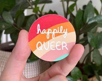 Happily Queer Sticker, LGBTQ Pride Weather-Proof Die-Cut Vinyl Decal, Vintage Retro Rainbow Gay Pride Art, Minimalist Queer 70s Rainbow Flag