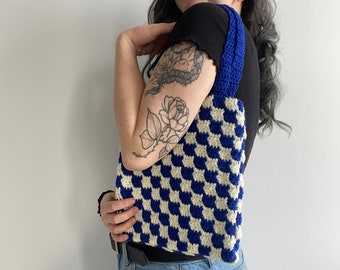 Checkerboard Crochet Tote, Handmade Market Bag, One of a Kind Trendy Y2K Shoulder Bag, 2000s Fashion Accessory, Checkered Purse, Grocery Bag