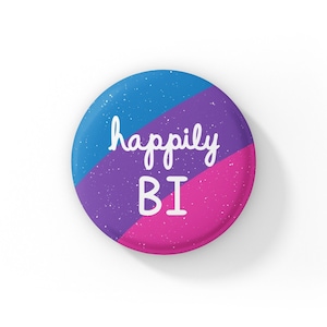 Happily Bi Button, LGBTQ Pride Pin-back Button, Rainbow Bisexual Pride Badge, Bi Pride Flag Pin, Minimalist Queer Accessory