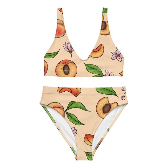 Botanical Peach Bikini Set, Sustainable Recycled Material, High Waisted Bathing  Suit, Fruity Swimwear, Orange and Green Peach Pattern Bikini 