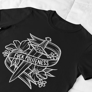 Fuck beleefdheid T-shirt met ronde hals, unisex genderneutraal T-shirt, MFM mijn favoriete moord podcast top, feministische SSDGM True Crime kleding afbeelding 6