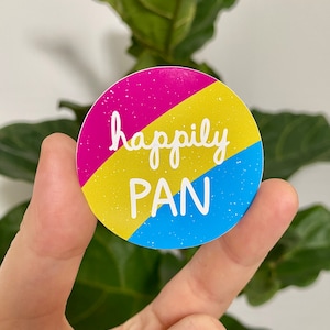 Happy Pan Aufkleber, LGBTQ Pride wetterfeste gestanzte Vinyl-Aufkleber, Pansexual Regenbogen Queer Pride Art, minimalistische Pansexualität Regenbogenflagge