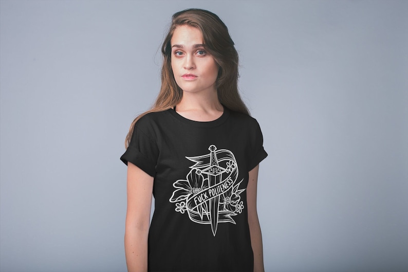 Fuck beleefdheid T-shirt met ronde hals, unisex genderneutraal T-shirt, MFM mijn favoriete moord podcast top, feministische SSDGM True Crime kleding afbeelding 1