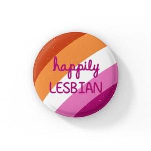 Happily Lesbian Button, LGBTQ Pride Pin-back Button, Sapphic WLW Rainbow Lesbian Pride Badge, Rainbow Flag Pin, Minimalist Queer Accessory