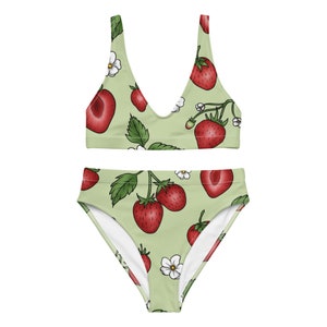Botanical Strawberry Bikini Set, Sustainable Recycled Material, High Waisted Bathing Suit, Fruity Swimwear, Green & Red Strawberry Bikini