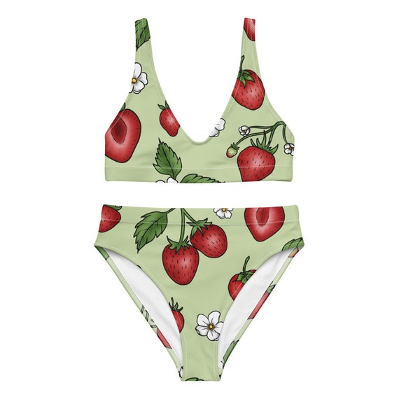 Botanical Strawberry Bikini Set, Sustainable Recycled Material, High  Waisted Bathing Suit, Fruity Swimwear, Green & Red Strawberry Bikini 