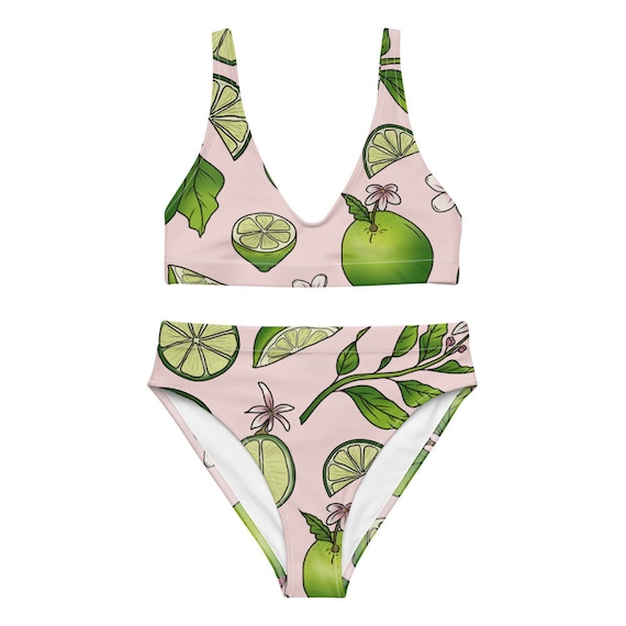Botanical Lime Bikini Set, Sustainable Recycled Material, High Waisted Bathing  Suit, Floral Print Swimwear, Pink & Green Lime Pattern Bikini 
