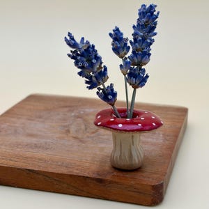 Könnte beinhalten: Eine kleine pilzförmige Knospenvase aus Keramik mit rotem Hut, weißen Punkten und beigem Stiel. Die Vase enthält drei Zweige getrockneter violetter Lavendelblüten und bildet ein kompaktes dekoratives Arrangement für den Tisch.