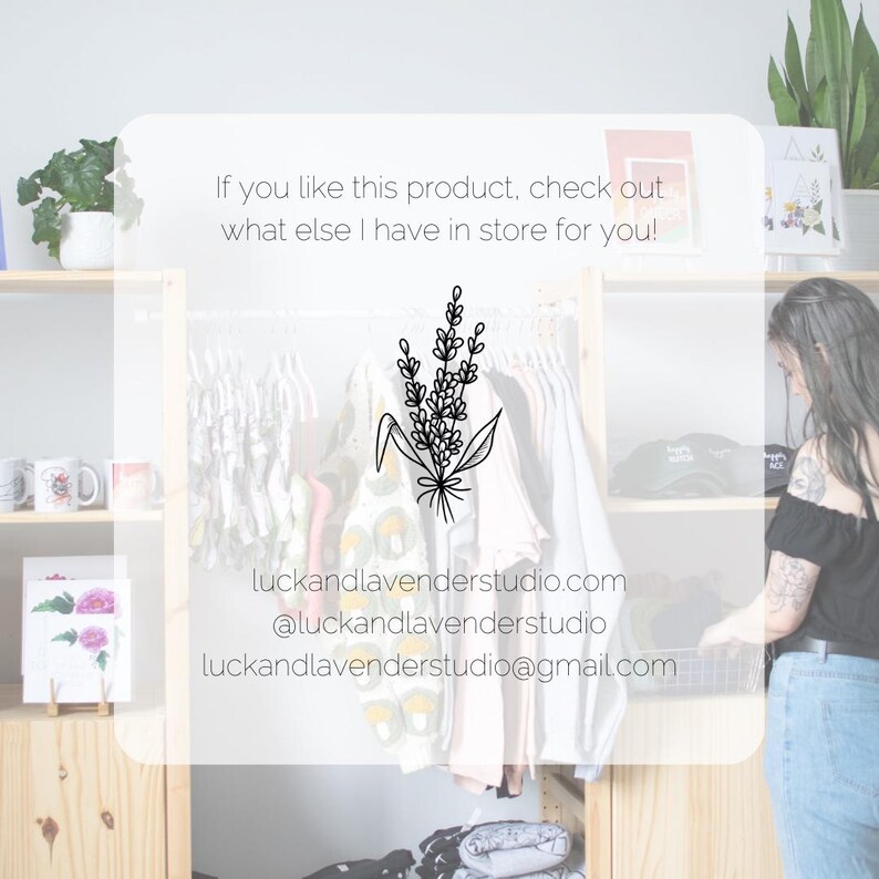 May include: A clothing rack with various garments on hangers, positioned between two wooden shelving units. The image features a lavender illustration and text: If you like this product, check out what else I have in store for you! luckandlavenderstudio.com @luckandlavenderstudio luckandlavenderstudio@gmail.com