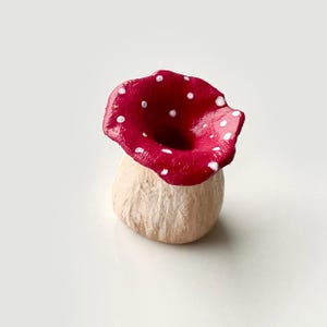Peut inclure: Une figurine de champignon faite à la main avec un chapeau rouge parsemé de points blancs. Le chapeau de champignon s'épanouit et repose sur un pied beige et texturé. La figurine est probablement en argile ou dans un matériau similaire.