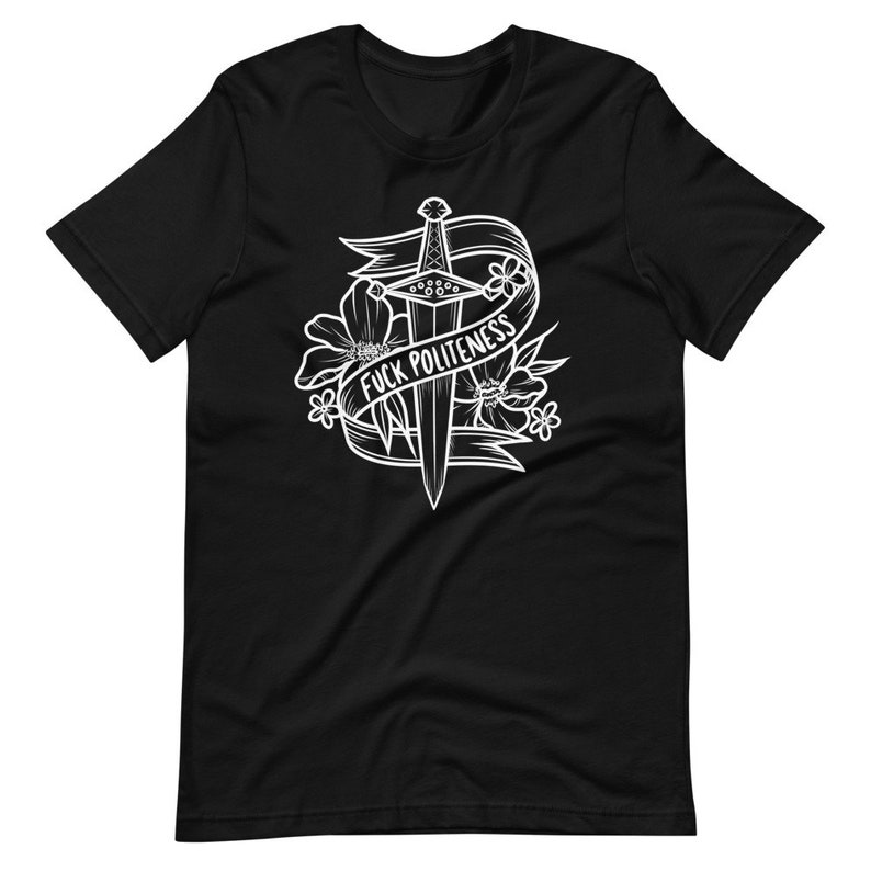 Fuck beleefdheid T-shirt met ronde hals, unisex genderneutraal T-shirt, MFM mijn favoriete moord podcast top, feministische SSDGM True Crime kleding afbeelding 2