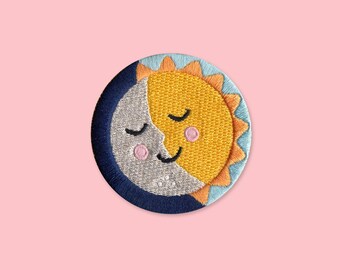 Celestial Sun and Moon Couple Smile embroidered iron on patch