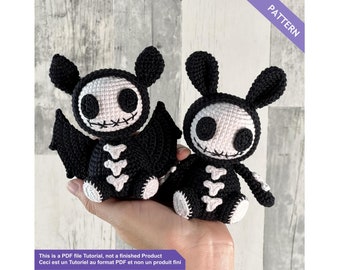 Skeleton bat and bunny, bony bunny and bat crochet pattern, Halloween crochet pattern, PDF Files EN - FR instand download