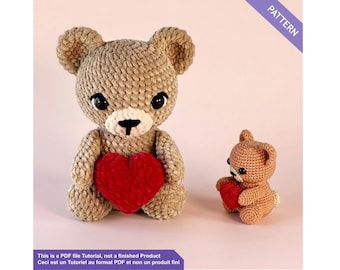 Teddy bear with heart crochet pattern PDF English / French - plush amigurumi tutorial