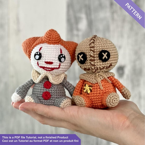 Mini Sam and mini Clown Pennywise, keychain crochet pattern, Halloween crochet pattern, PDF Files EN - FR instand download