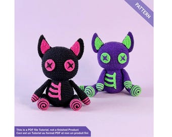 Skeleton gothic cat crochet pattern PDF English / French - Halloween amigurumi tutorial