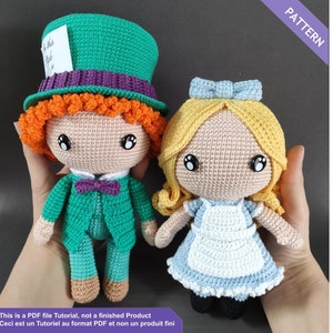 Alice in Wonderland, Alice and the Mad Hatter, Crochet tutorial, Explanations EN - FR PDF file