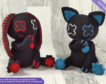 Creepy cat and creepy bunny, Voodoo cat crochet pattern, Voodoo doll, Deadly cat, Halloween crochet pattern, PDF Files EN - FR