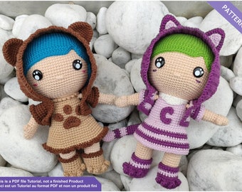 Crochet doll, Cheshire and Teddy girl, Crochet tutorial, Explanations EN - FR PDF file