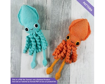 Squid crochet pattern, low sew amigurumi crochet pattern, PDF Files EN - FR instand download