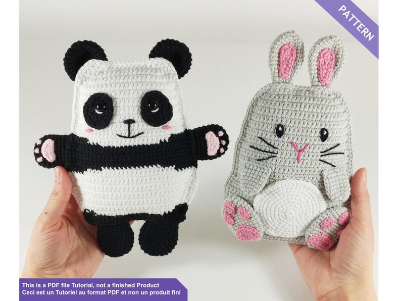 May include: Two crocheted animal-shaped items: a panda and a bunny. The panda is black and white with pink accents. The bunny is gray with pink ears and paws. The text in the image says "PATTERN" and "This is a PDF file Tutorial, not a finished Product".