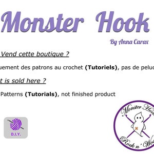 May include: A white background features the text "Monster Hook" in purple script, with "By Anna Carax" below. The text "What is sold here? Only Patterns (Tutorials), not finished product" is also present. A logo with a ghost and the words "Rock n' Wool" is visible.