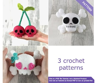 Crochet pattern skull, keychain crochet pattern, Amigurumi crochet pattern, Instant download PDF Files English and French