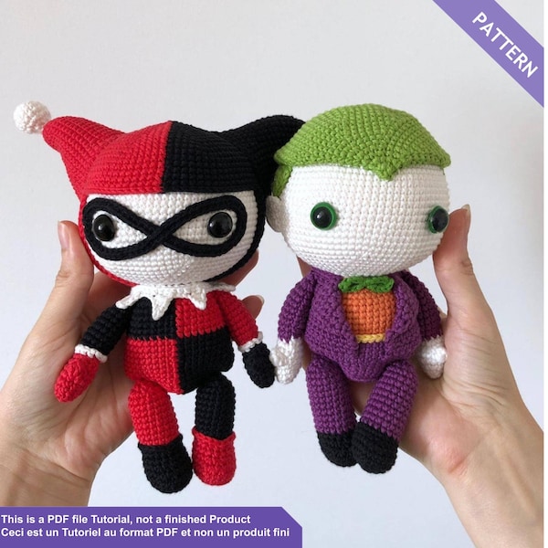 Joker and harley quinn crochet pattern, amigurumi crochet pattern, PDF Files EN - FR