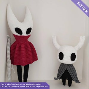 May include: A crochet pattern for making a plush toy of the Knight and the Hollow Knight from the video game Hollow Knight. The pattern is a PDF file.