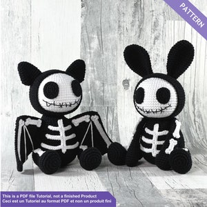 Skeleton bunny and bat, Voodoo bunny crochet pattern, Voodoo doll, Halloween crochet pattern, PDF Files EN - FR instand download