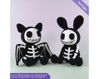 Duo skeleton bunny and bat crochet pattern PDF English / French -Halloween amigurumi tutorial - Gothic plushie crochet pattern