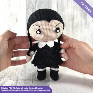 Crochet pattern Wednesday, Gothic doll crochet pattern, halloween crochet pattern, PDF Files English and French