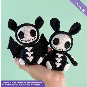 Tutorial de ganchillo para murciélago esqueleto y conejo - PDF francés/inglés - Amigurumi de Halloween