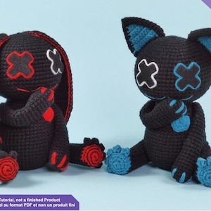 Halloween amigurumi crochet pattern – Voodoo cat and bunny – gothic spooky plush – PDF tutorial English/French