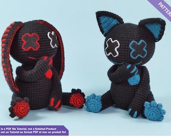 Duo voodoo cat and bunny crochet pattern PDF tutorial English/French - Gothic plushie crochet pattern