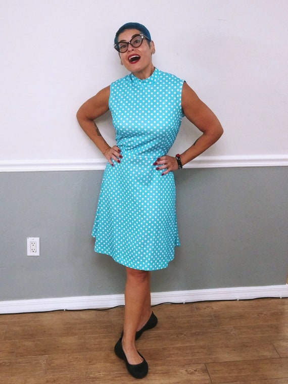 1960s VTG Mod Turquoise Polka Dot Scooter Dress