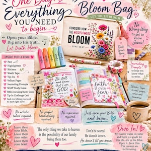 May include: A Bible and Bloom kit featuring a beige zippered pouch with floral print and the text 'Consider how the wildflowers bloom', a matching pen, five colourful highlighters, floral washi tape, and an open Bible with floral accents.