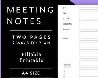 A4 Quick Meeting Notes - Minimalistisch afdrukbaar sjabloon voor het maken van aantekeningen tijdens vergaderingen, afspraken, met takenlijst, agendagedeelte