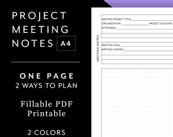 A4 Project Meeting Notes - Minimalistisch afdrukbaar sjabloon voor het maken van aantekeningen tijdens vergaderingen, afspraken, met takenlijst, agendagedeelte, raster