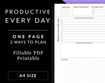 A4 Productief elke dag - Dagelijks afdrukbare en invulbare planner Minimalistisch, watertracker, takenlijst, planning, uurplanning, notities